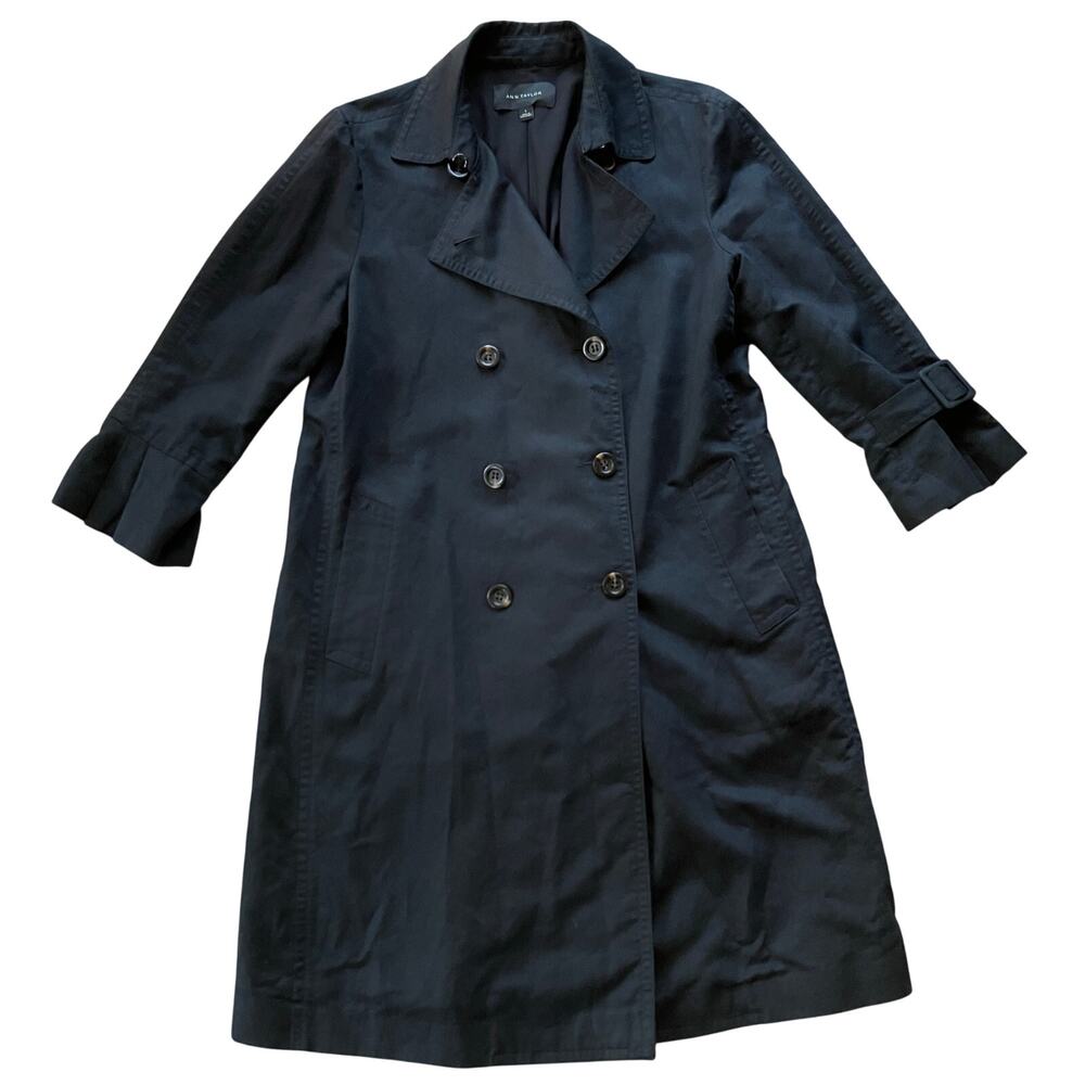 Ann Taylor Double Breasted Black Trench Coat Size Large Classic Minimalist